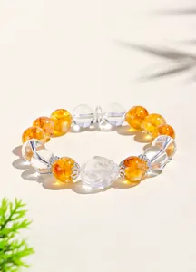 Pulsera de cuentas de cuarzo natural amarillo y claro con dije de tortuga dragón joya