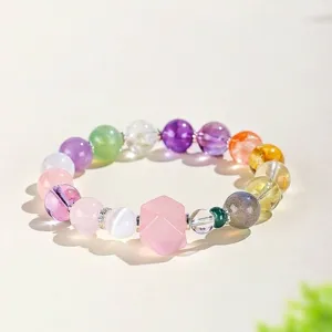 Exquisita pulsera de cuentas de cristal natural multicolor con centro hexagonal rosa