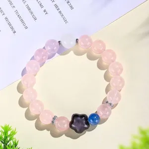 Pulsera de cuentas de cuarzo rosa natural y dije de flor de obsidiana, joyería elegante