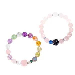 Pulsera de cuarzo rosa natural y amatista con colgante de estrella en obsidiana negra