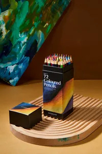 Detailed shot of professional 72-color oil pencil set in black Artrack packaging