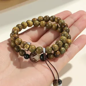 Green sandalwood double-layered beaded bracelet with zodiac tiger charm