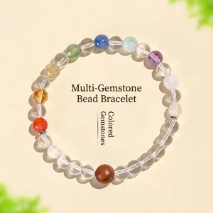 Elegante pulsera de cuentas de cristal natural multicolor con cuarzo transparente y amatista