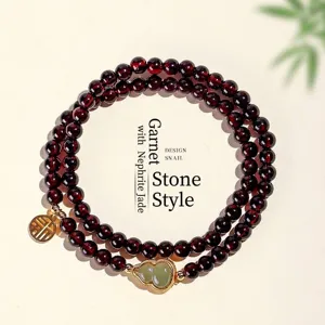 Natürlicher Roter Granat Doppellagiges Perlenarmband Für Damen Hetian Jade Flaschenkürbis Anhänger Retro Ethno-Stil Eleganter Schmuck Geschenk