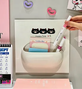 Wall-mounted storage organizer with cute cat design for bathroom or office desk.