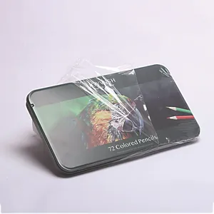 Detailed view of the 72 professional colored pencil set inside a metal tin box
