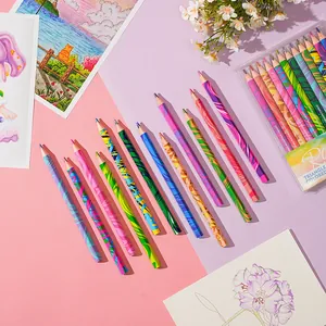 Close-up of triangle jumbo marble rainbow colored pencils for art and coloring