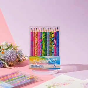 Close-up of JOYWISH jumbo triangle colored pencils with rainbow marble pattern leads.