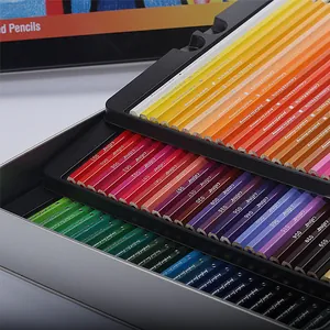 Close-up of 72 professional colored pencils arranged in a multi-layer metal storage box.