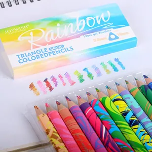 Close-up of 12-piece rainbow triangle colored pencils set with vibrant multi-color swatches.