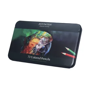 Professional 72 colored pencils set in premium black tin box with vibrant parrot art.