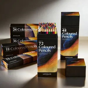 Professional colored pencils set in multiple color counts with artistic black packaging design.