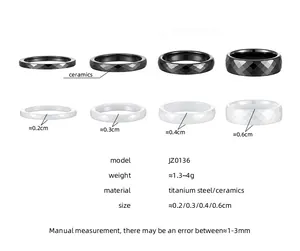 Detail macro view showing various widths of faceted black and white ceramic plain rings