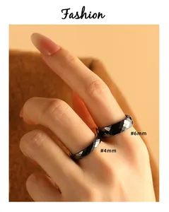 Detail view of 4mm and 6mm black faceted ceramic rings on an Asian hand.