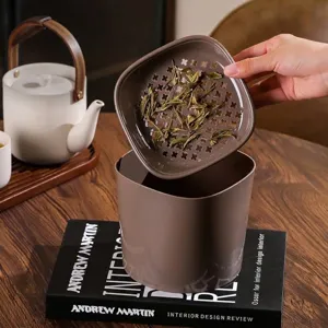 Close-up view of the removable drainage lid on the desktop tea dreg waste basket