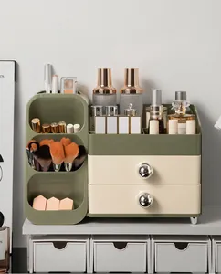 Large capacity green and cream cosmetic organizer with drawers and makeup brush holders