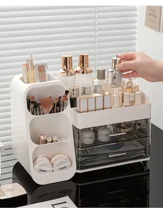 Large capacity white cosmetic organizer with drawers and brush holder on vanity table
