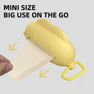 Compact yellow cloud-shaped pet waste bag dispenser with carabiner for outdoor use