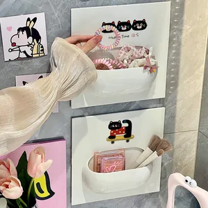 Cute cartoon cat wall mounted storage organizer for bathroom vanity makeup accessories