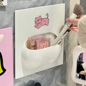 Wall-mounted white storage shelf with cute cartoon cat sticker for bathroom makeup