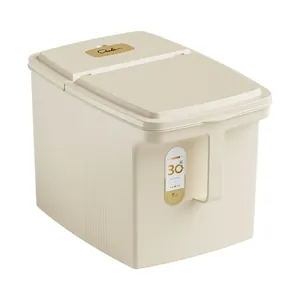 Large 15kg beige airtight rice storage bin with easy-grip handle and flip-top sealing lid