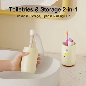 Draagbare set mondwaterbekers en opbergdoos voor tandenborstels in minimalistisch roomgeel