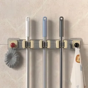 Aluminum Alloy Sliding Mop Holder Wall Mounted Broom Organizer Punch-Free Adhesive Bathroom Mop Clip With Adjustable Hooks