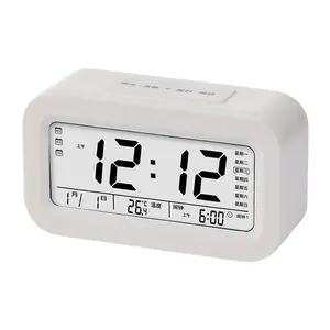 Modern rechargeable white smart digital alarm clock for kids with LCD temperature display