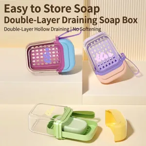Boîte à Savon de Voyage Portable Avec Couvercle Drainage Double Couche Support de Savon Scellé Avec Poignée Couleur Dopamine