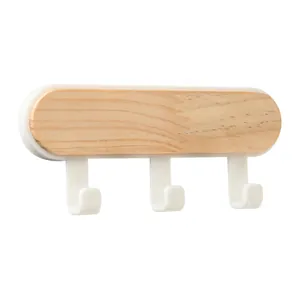 Modern minimalist pine wood wall-mounted storage rack with 3 sturdy white hooks