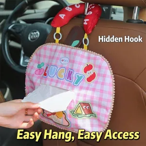 Cute cartoon pink checkered hanging car tissue bag with Lucky text and apple patch decoration