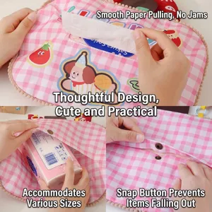 Pink checkered hanging tissue bag with cute cartoon patches and snap button closure.