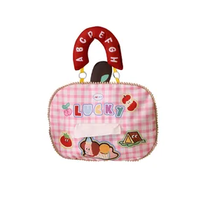 Cute apple-shaped pink gingham tissue box cover with cartoon patches for car and home
