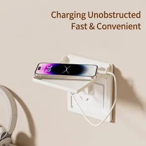 Minimalist wall-mounted white socket shelf for phone charging and bathroom storage organizer
