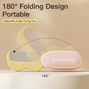 Portable 180-degree folding pet comb for cat and dog grooming and de-shedding.