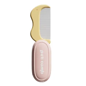 Folding pet comb with pink handle and yellow fine metal teeth for cats and dogs