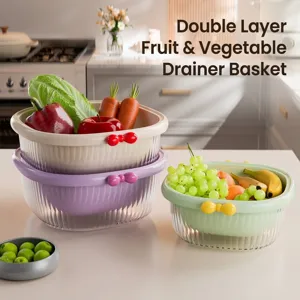 Double Layer Kitchen Drain Basket For Vegetable Fruit Washing Plastic Transparent Sieve Storage Bowl With Bowknot Decor