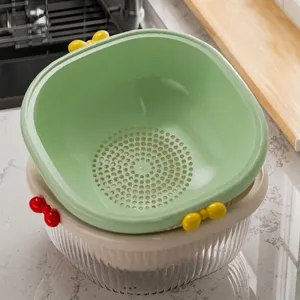 Double-layer plastic kitchen drain basket for washing vegetables and fruits, green and cream