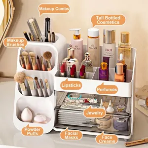 Large capacity white makeup organizer for vanity with storage drawers and brush holders