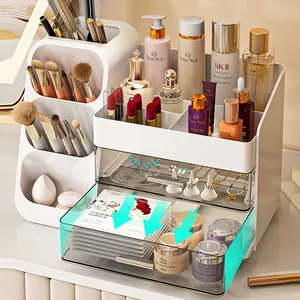 Large capacity white cosmetic organizer with drawers and makeup brush holders
