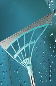 Detail of a cyan magic broom squeegee head against a blue water droplet background.
