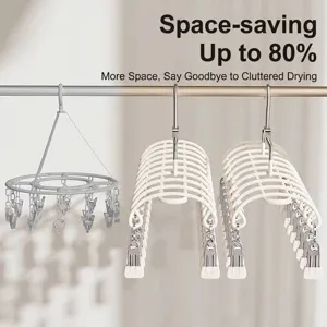Space-saving multi-clip sock drying rack with windproof hooks and non-slip clips.