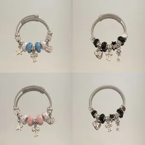 Jonc Ouvert DIY en Acier Inoxydable Avec Perles Cœur Nœud Étoile pour Femmes Bijoux de Mode Style Pandora Élégant Bracelet à Charms