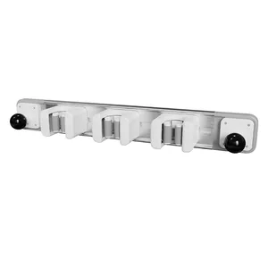 Wall-mounted slidable mop and broom holder with 3 grippers and 2 hooks