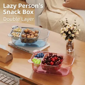 Double Layer Partitioned Draining Storage Box PET PP Fruit Vegetable Draining Basket With Lid Nut Snack Organizer Box For Kitchen