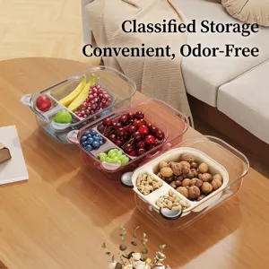 Double-layer partitioned food storage boxes for fruit and nut organization on a table