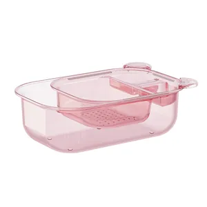 Pink double-layer partitioned drainage box for washing and storing fruits and vegetables