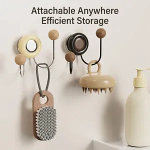 Ganci a doppia ventosa con sfere in legno per organizzazione a parete bagno e cucina