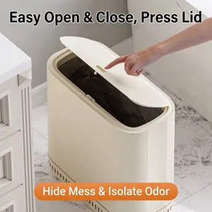 Pattumiera sottile color crema con coperchio a pressione per il bagno e la cucina moderna