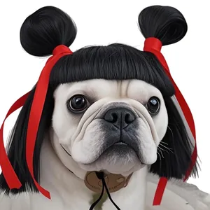 Funny Creative Pet Wig Headwear Ox Horn Double Bun Black Hairpiece With Red Ribbon Adjustable Headband For Cats Dogs Halloween Party Dress Up Costume Accessories